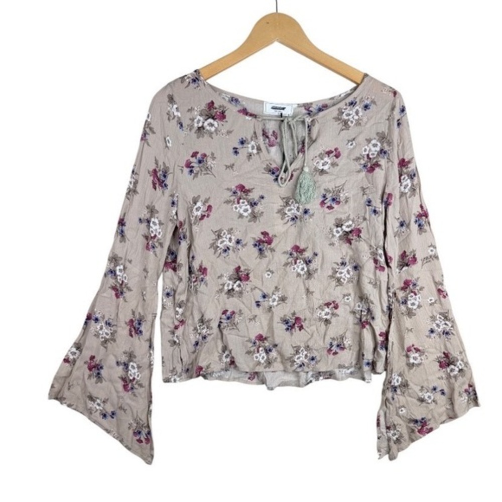 New Sage‎ Floral Print Long Bell Sleeve Blouse size Small Light Tan